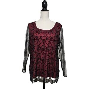 Lane Bryant Red Beaded Mesh Overlay Top Size 14W Glam Evening